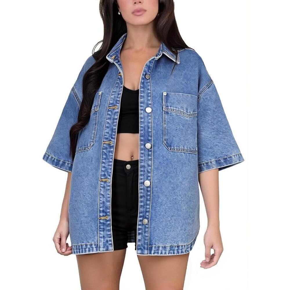 Women's Denim Jacket Wash Jean Jacket Coats With Pockets Oversized Short Blue